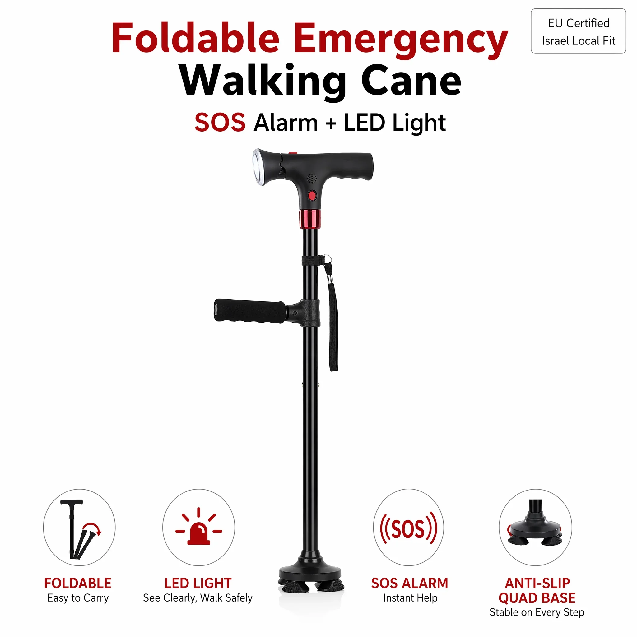 

Adjustable Foldable Walking Cane for Seniors with LED Light & Alarm, Quadripod Non-Slip Base, Portable Elderly Walking Stick