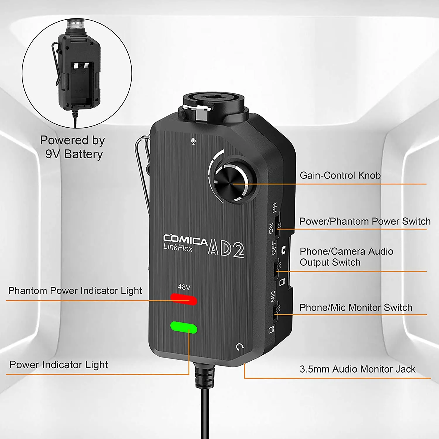 واجهة صوت COMICA LINKFLEX AD2 للهواتف الذكية iPhone Android/كاميرات DSLR، محول Preamp الصوتي مع طاقة فانتوم 48 فولت