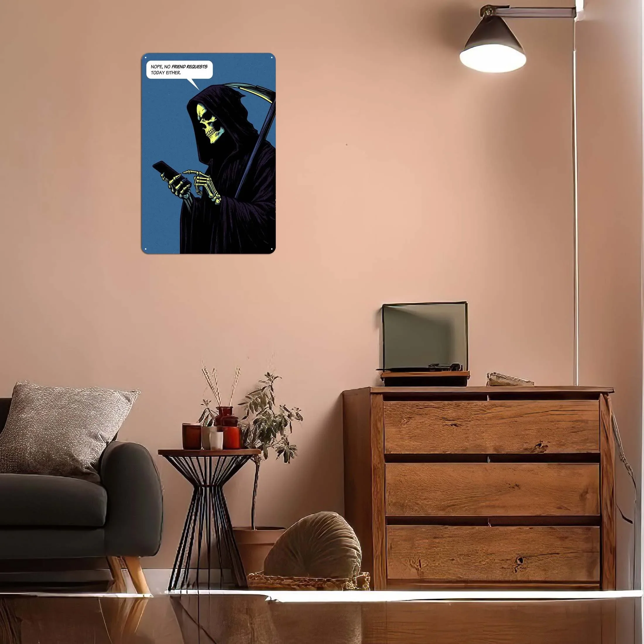 Grim Reaper Friend Request Comics Metal Poster Man Cave Retro Funny Metal Tin Sign Plate for Wall Decoration Decor for Room Art