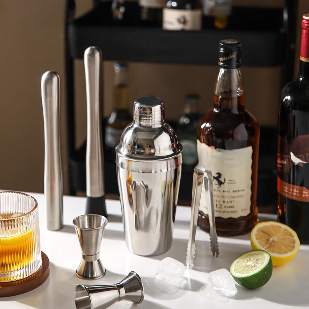 Wholesale Stainless Steel  Appliances Bartender Kit Bar Accessories Wooden Stand Shaker Cocktail Set