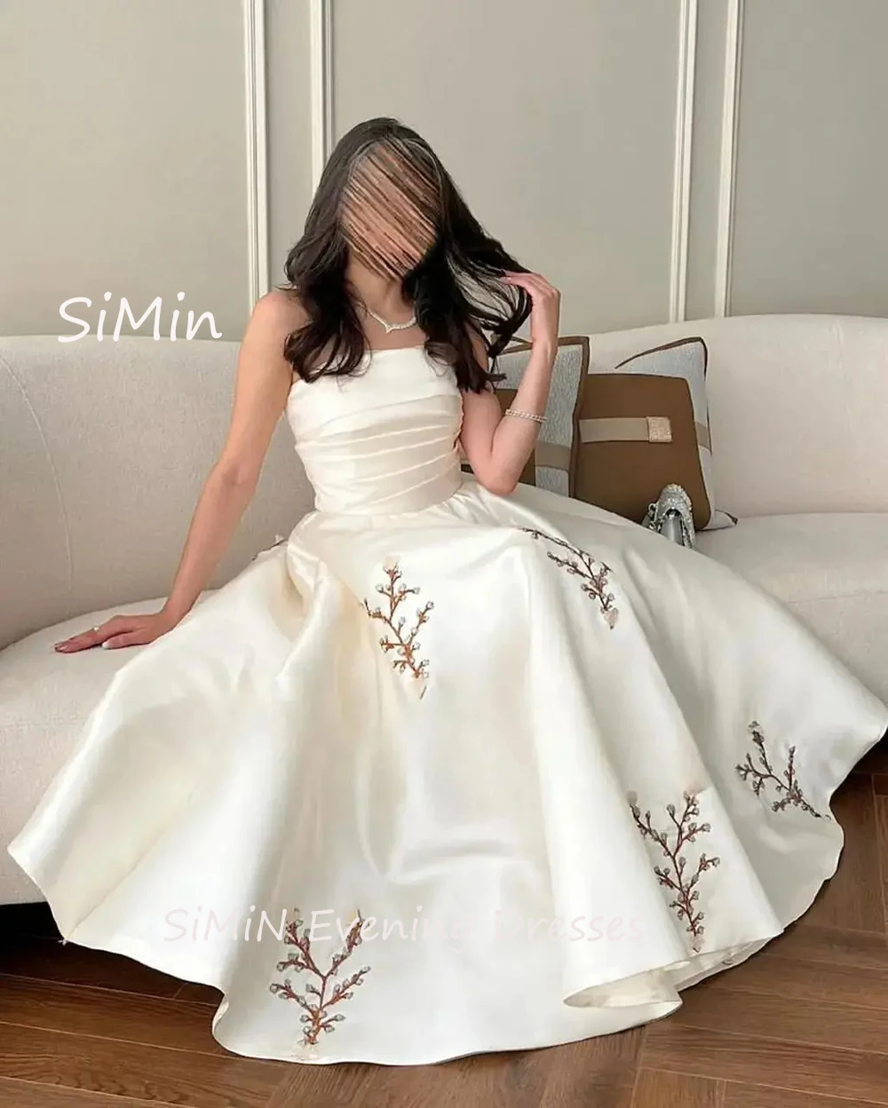 Simin Saudi Strapless Satin A-line Ruffle Sleeveless Embroidery Lace up Ankle-Length Arab Evening Party dresses for women 2024