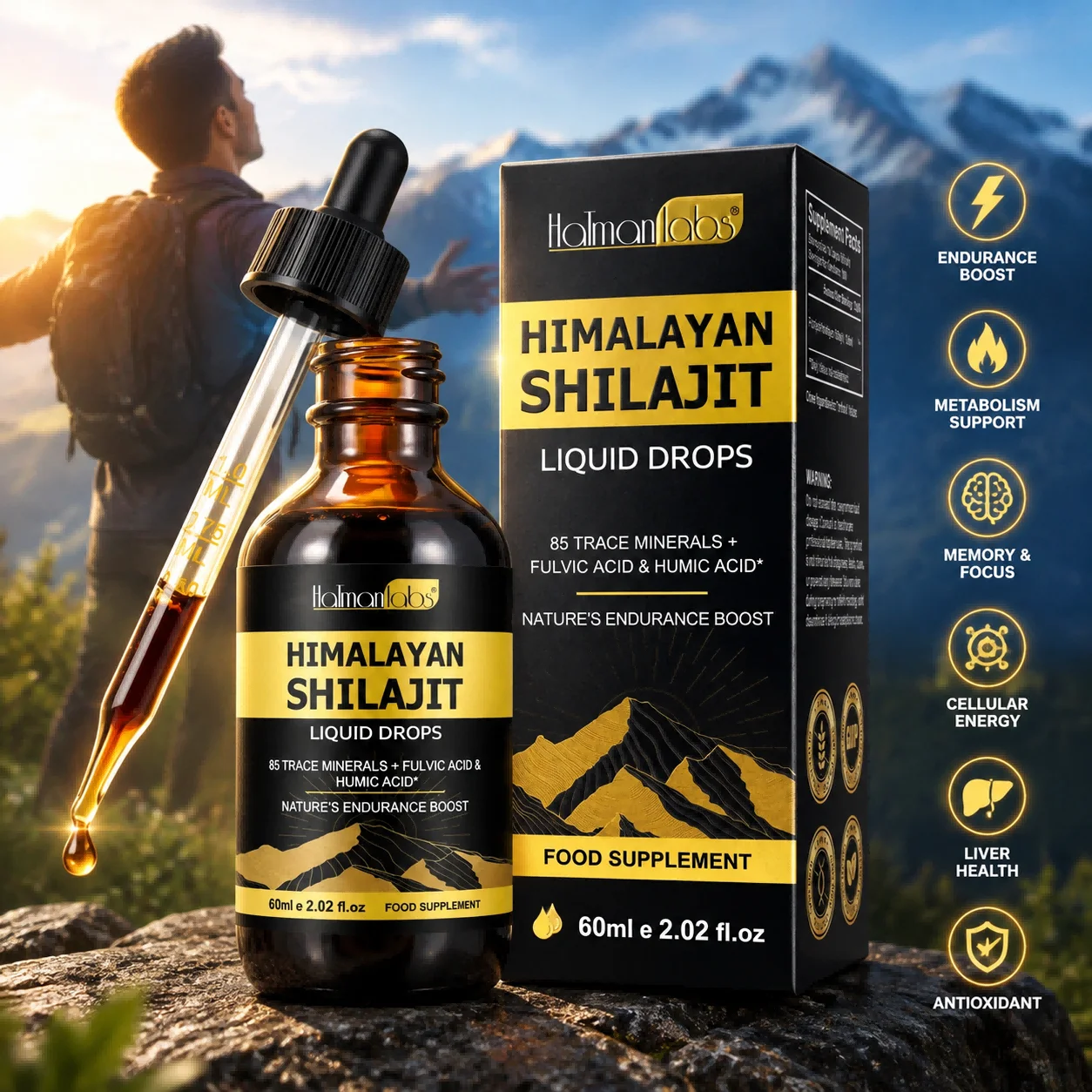 Himalayan Shilajit Liquid Drops Endurance Boost Metabolism Anti Aging Memory Focus Cellular Energy Liver Health Antioxidant 60mL