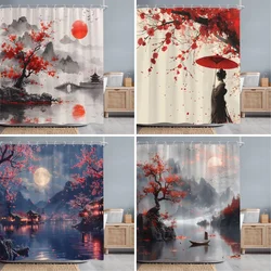 Japanese Red Cherry Blossom Seascape Shower Curtain Chinese Landscape Ink Painting Printed Fabric Shower Curtains Bathroom Decor