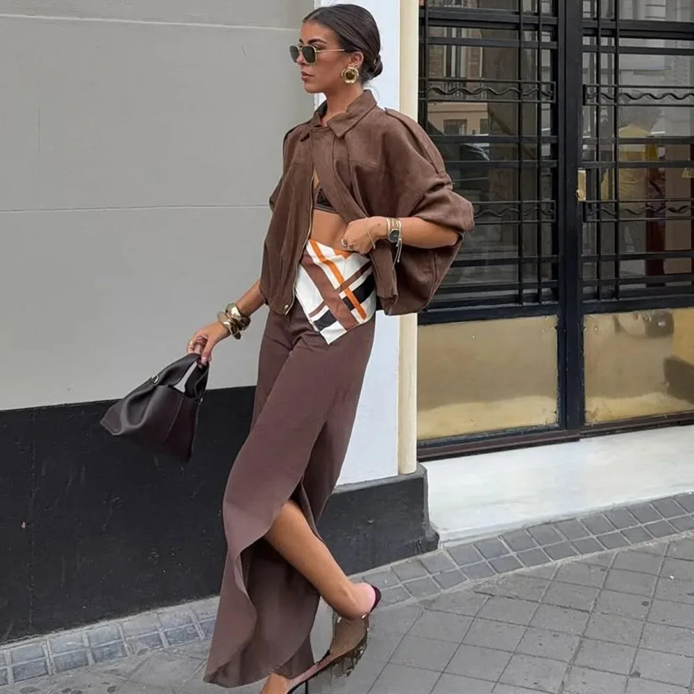 KONDALA 2025 خريف شتاء المرأة Bomber سترة التلبيب سحاب أكمام طويلة سترة من جلد الغزال المرأة عالية الشارع جاكيتات معاطف ملابس خارجية