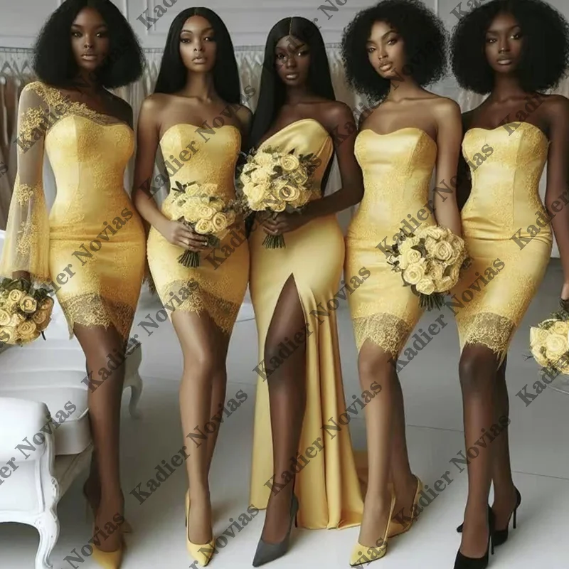 

Short Knee Length Yellow Lace Customized Bridesmaid Dresses Lace Up Wedding Party Dress robes invitee mariage