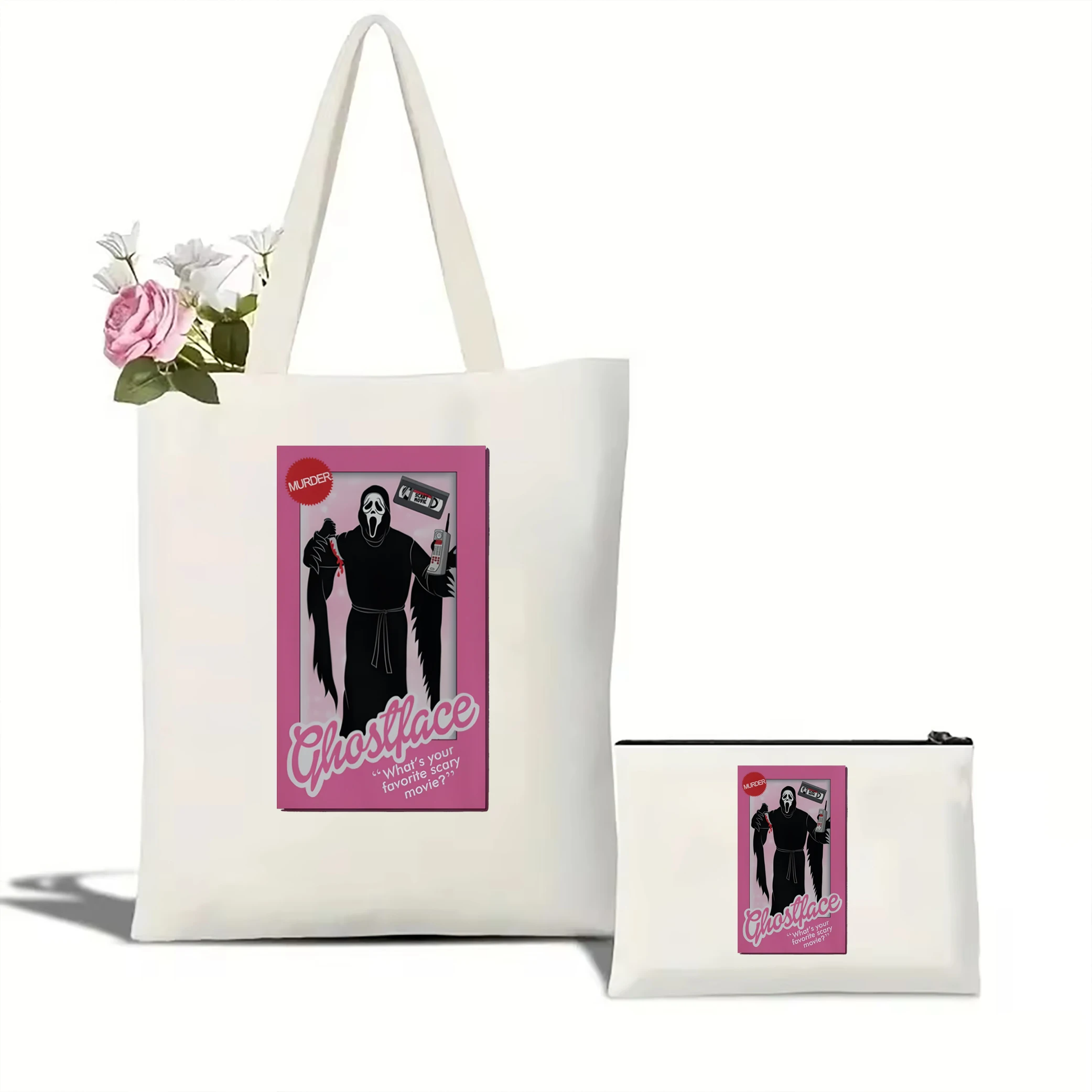 

Маска призрака, кукла, женская сумка-тоут, кукла из фильма ужасов, сумка для хранения на Хэллоуин, розовая жуткая холщовая сумка, сумка на плечо с страшными персонажами