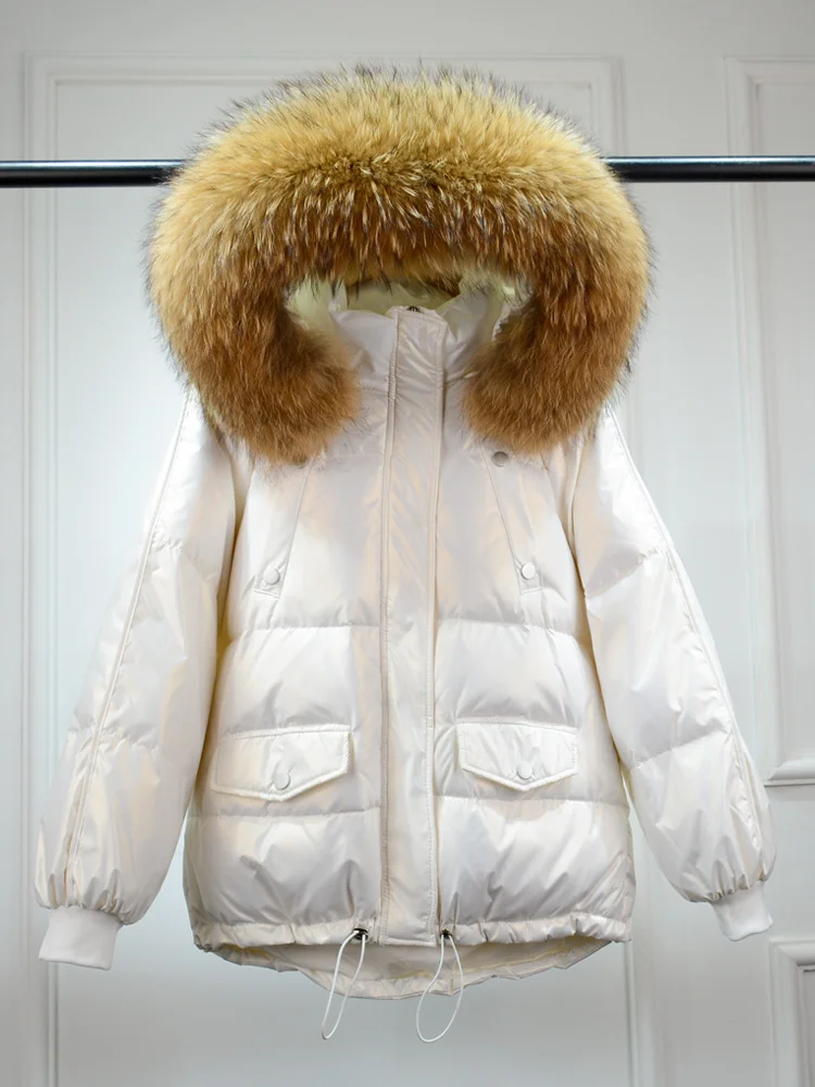 

Jacket Winter Glossy 2023 Hooded Big Women's Natural Fur Short White Duck Down Coat Female Warm Loose Waterproof Parkas