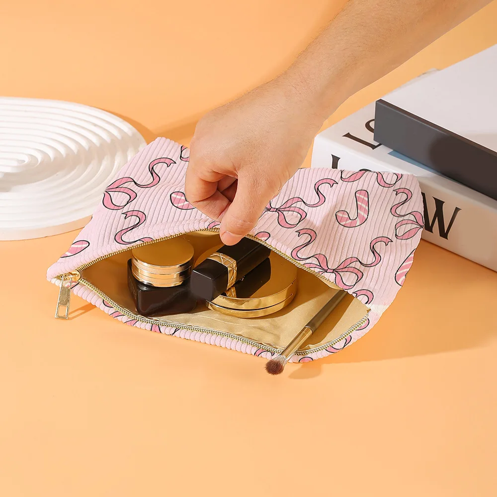 Candy Bow Ribbon Printed Polyester Soft Cosmetic Bag With Zipper, Lightweight Travel Toiletry With Lining Multi Purpose