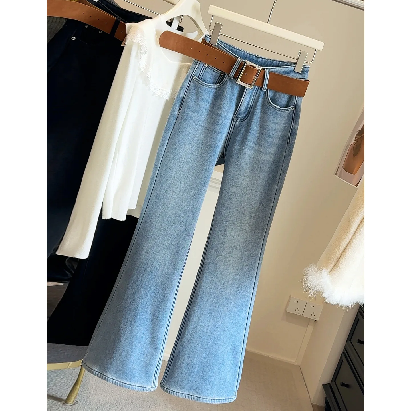 2025 Winter Plush Thickened High Waist Micro Flared Jeans for Women Water Washed Cotton Flared Pants Light Blue Wide Leg Pants