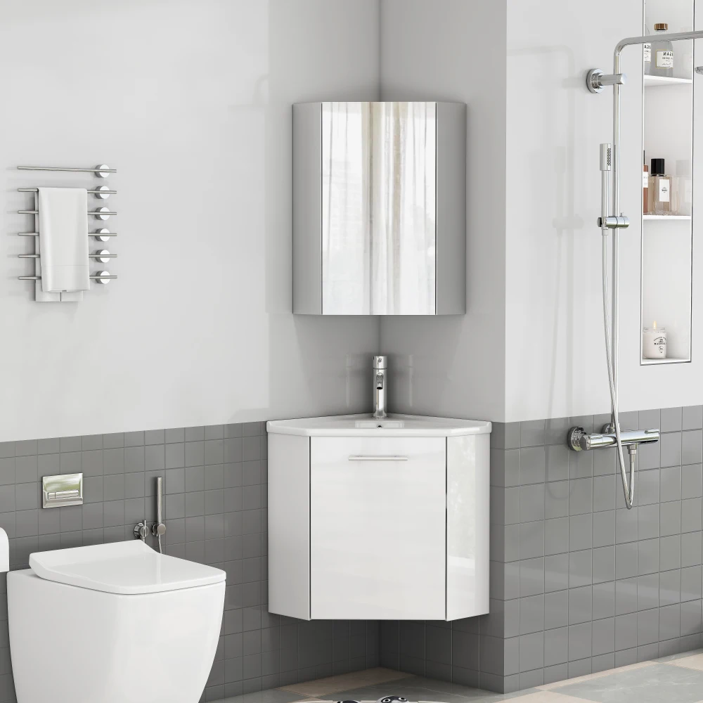 Set mobile bagno angolare 415x415x500mm, mobiletto bagno e armadietto con specchio 325x325x556mm, lavabo in ceramica, paraspruzzi, cerniere a chiusura ammortizzata, preassemblato, bianco, mobili bagno