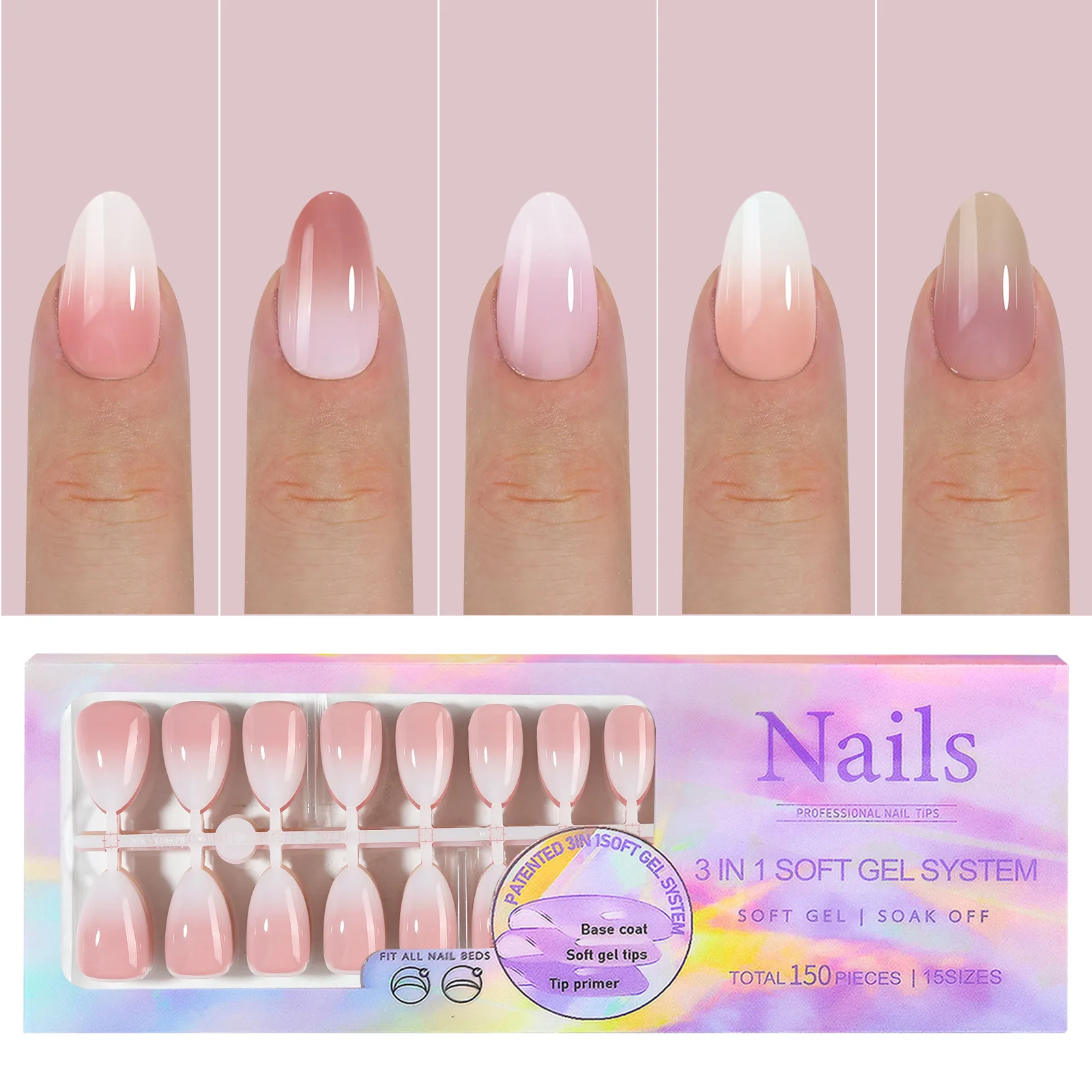 

French Tip Press On Nails, 150 шт. Французские гелевые типсы, мягкий гель предварительной формы, не требует напильника, для дизайна ногтей своими руками, 15 размеров