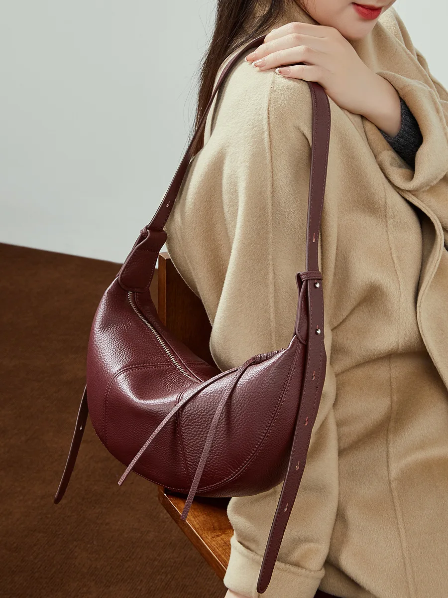 Cowhide Soft Leather Dumpling Bag, Genuine Leather Luxury Fashion Single Shoulder Solid Color Soft Leather High Quality Female