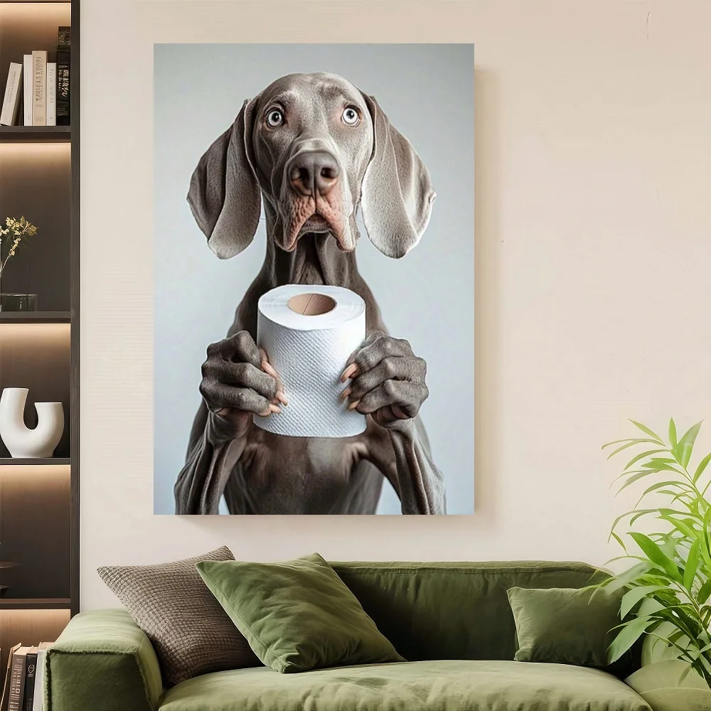 

Framed 1pc 2D Flat CanvasFunny Weimaraner With Toilet Paper Roll Canvas Wall Art, Perfect Bathroom Decor& Pet Lover Gift