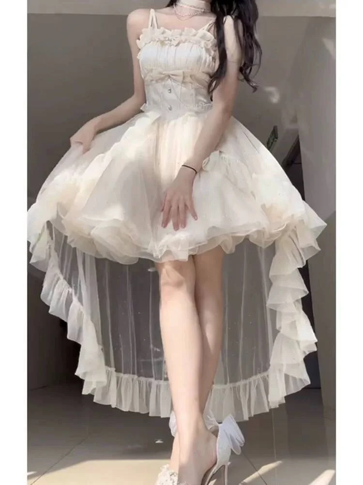 

Платья Kawaii Lolita в стиле ретро для женщин, летние платья во французском стиле, милые платья с бретельками на шее для женщин, вечерние элегантные платья для вечеринок