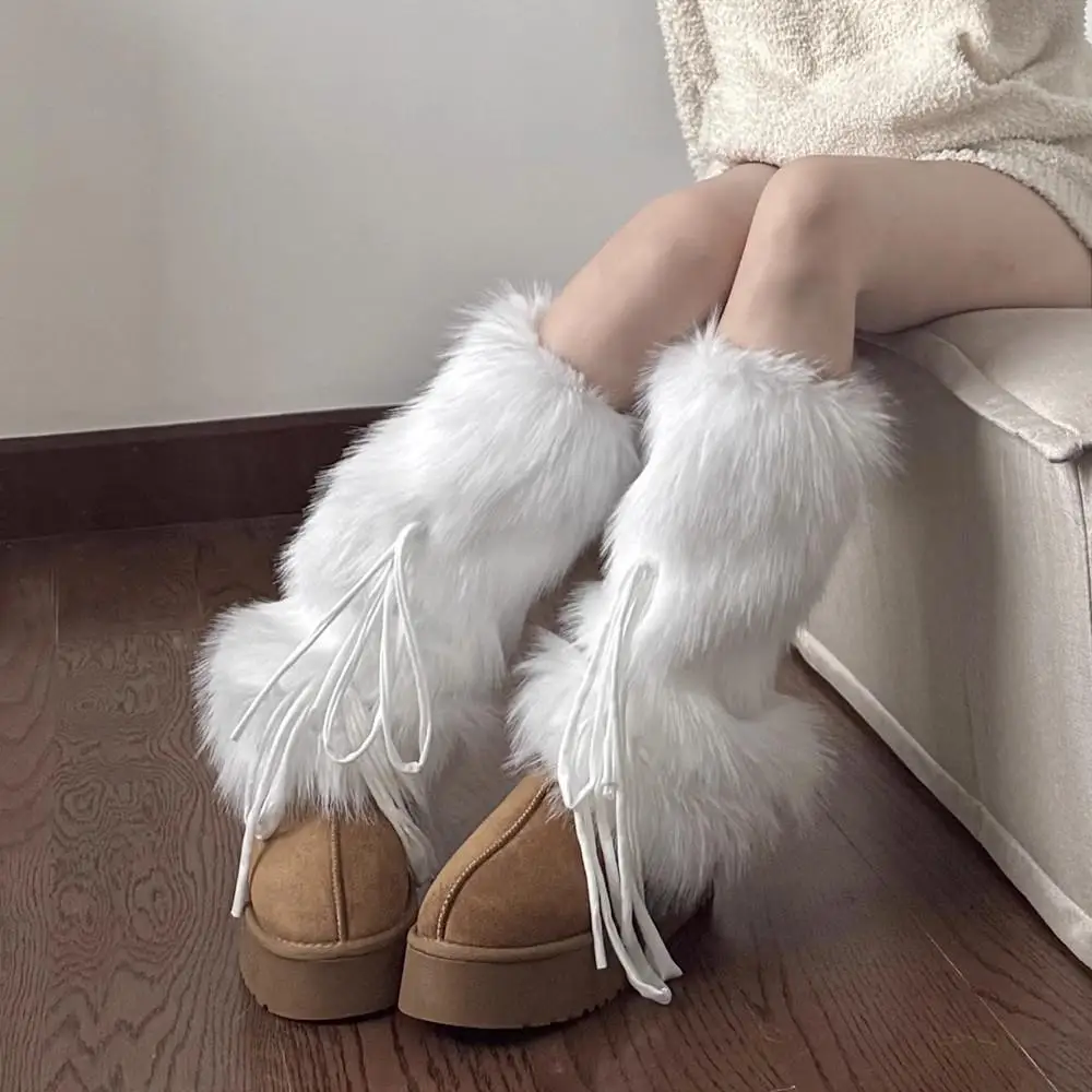 النساء الشتاء الدافئة التمهيد الأصفاد تدفئة الساق Harajuku JK الفتيات Bowknot فو الفراء واقي أحذية بلاستيك Y2K القوطي الجوارب سميكة أفخم الجوارب الطويلة