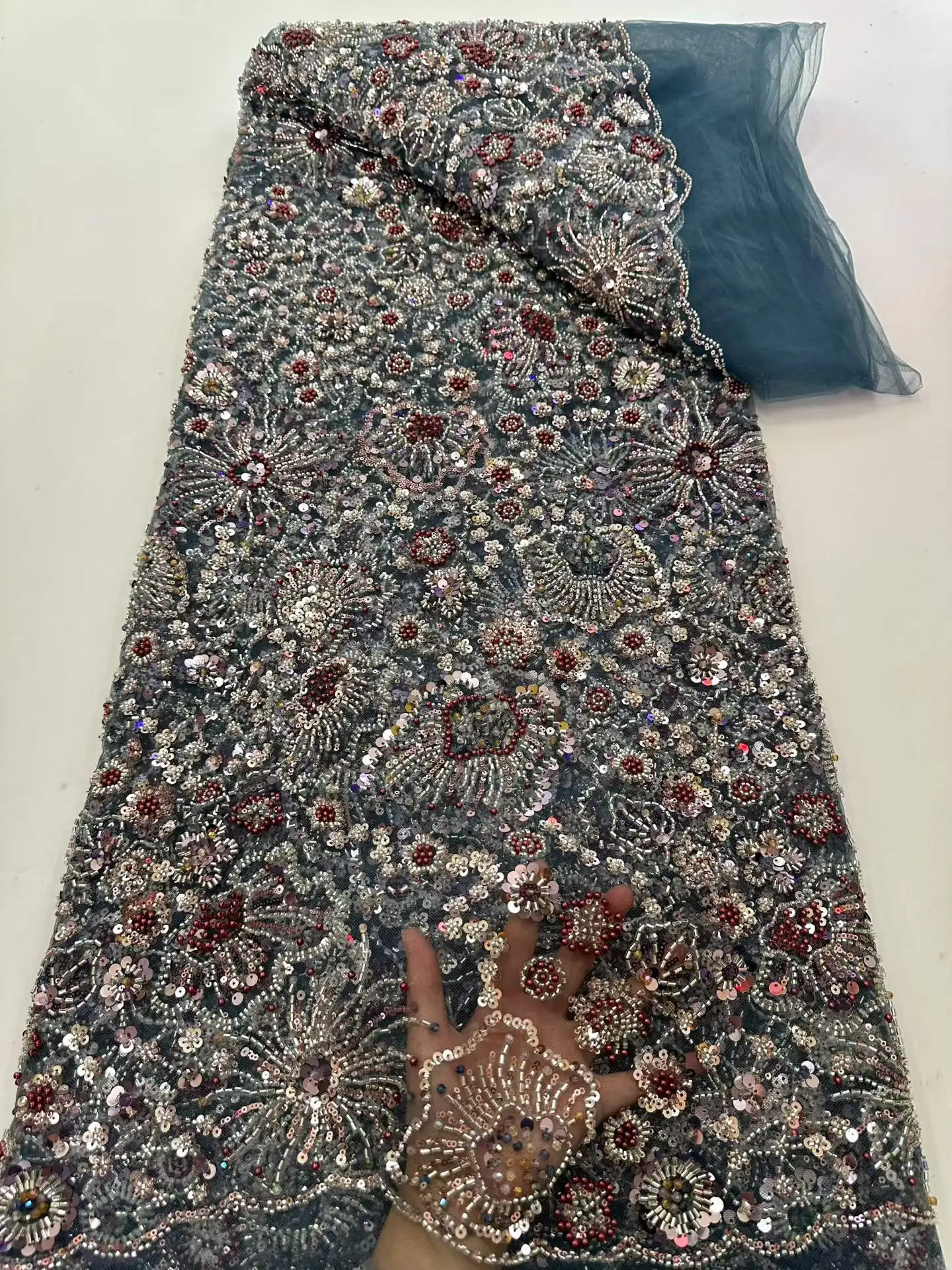 

Кружевная ткань SJ Lace African Heavy Beaded, нигерийская ткань с пайетками для жениха, для свадебных и праздничных платьев 2026 года, высокое качество, 5 ярдов