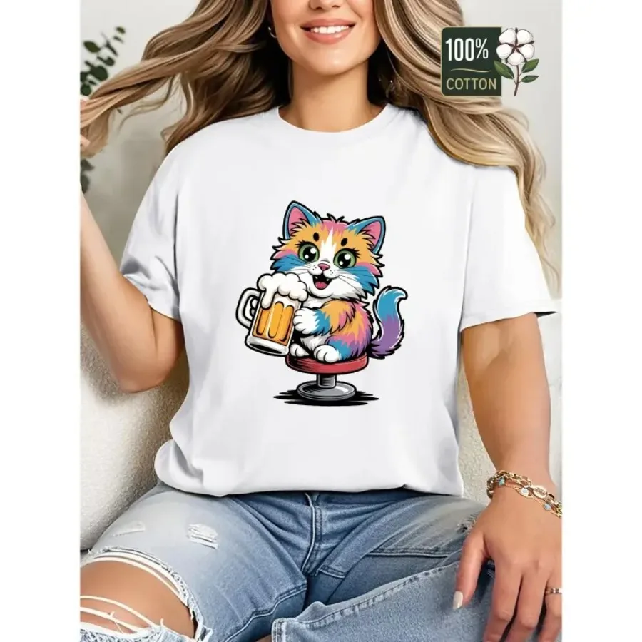

【New style】Women's Soft Pastel Graphic Tee - Cute Pink Blue Orange Tabby Cat Drinking Beer Shirt - Breathable Everyday Casual T