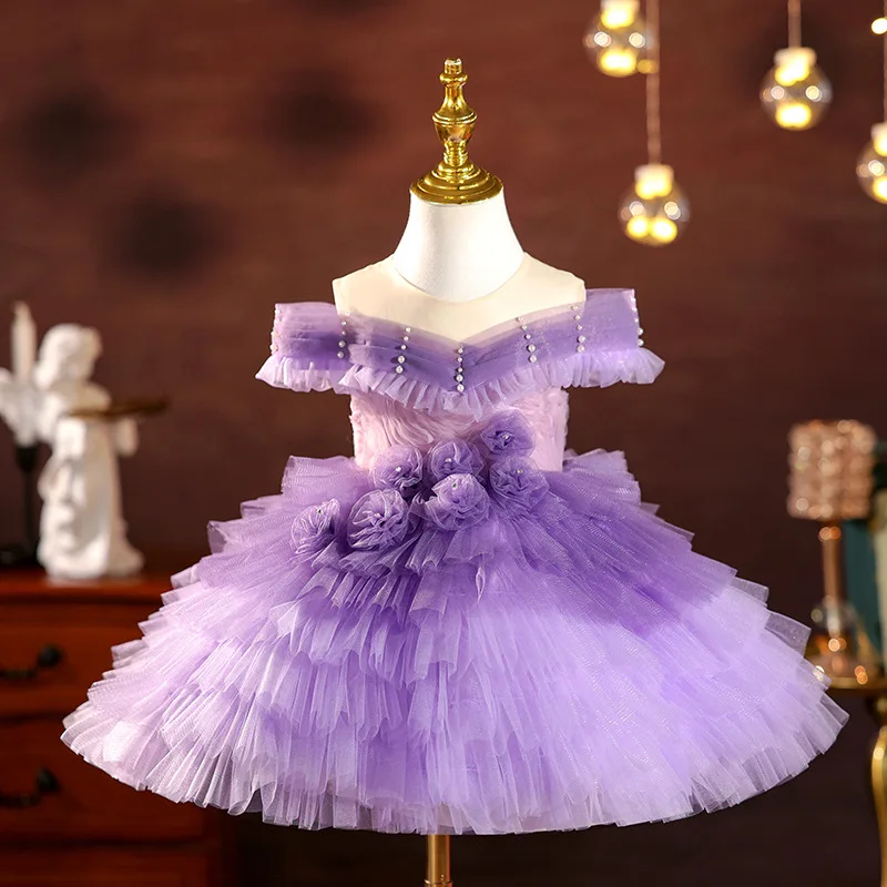 Vestido morado de un hombro para niñas, vestido de boda con flores, vestido de fiesta de princesa para desfile, vestido de boda para niñas con flores ﻿