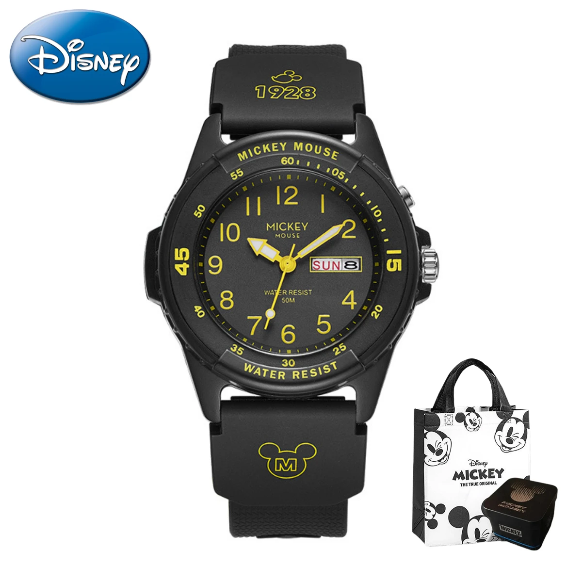 Disney-mickey relógio de quartzo para crianças, dual display, co-marca, calendário, semana, estudante, presente com caixa