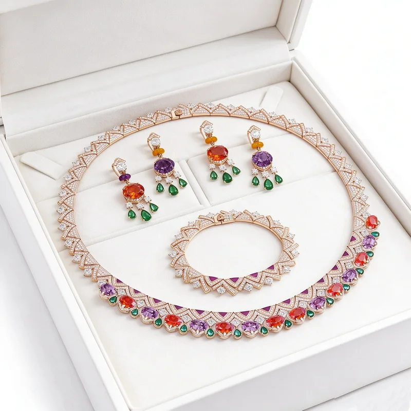 Vintage Fashion Style Earrings Bracelet Necklace Inlay Red Purple Cubic Zircon Enamel Tassels Pendant Party Jewelry Sets