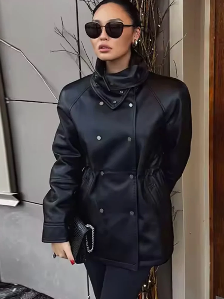 المرأة خمر فو سترات من الجلد مزدوجة الصدر الوقوف طوق سليم بولي Coats معاطف الخريف الشتاء موضة شارع العليا جاكيتات