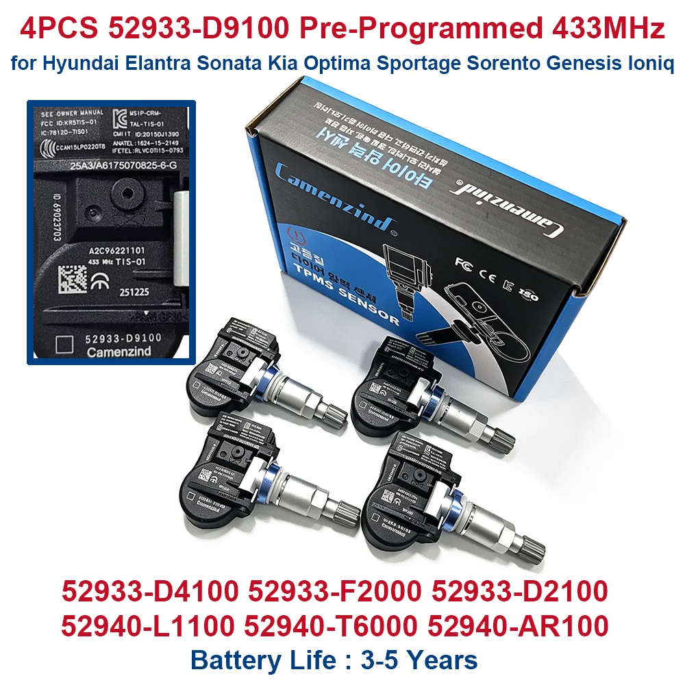4 capteurs de pression des pneus 52933-D9100 52933-D4100 52933-F2000 52933-D2100 52940-L1100 52940-T6000 52940-AR100 52933D4100 52933D9100 52933F2000 52940L1100 433 MHz TPMS pour Kia Optima Sportage Sorento Genesis Ioniq Hyundai Elantra Sona 2016 2017 2018 2019 2020