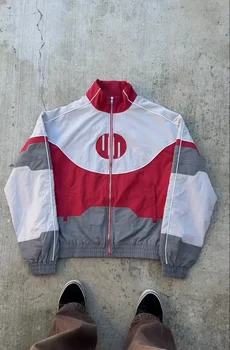 Y2K Loose Red White Spliced Bomber Jacket Oversized Zipper Racing Jacket Men Women Casual Sports Light Jackets Windproof Coat