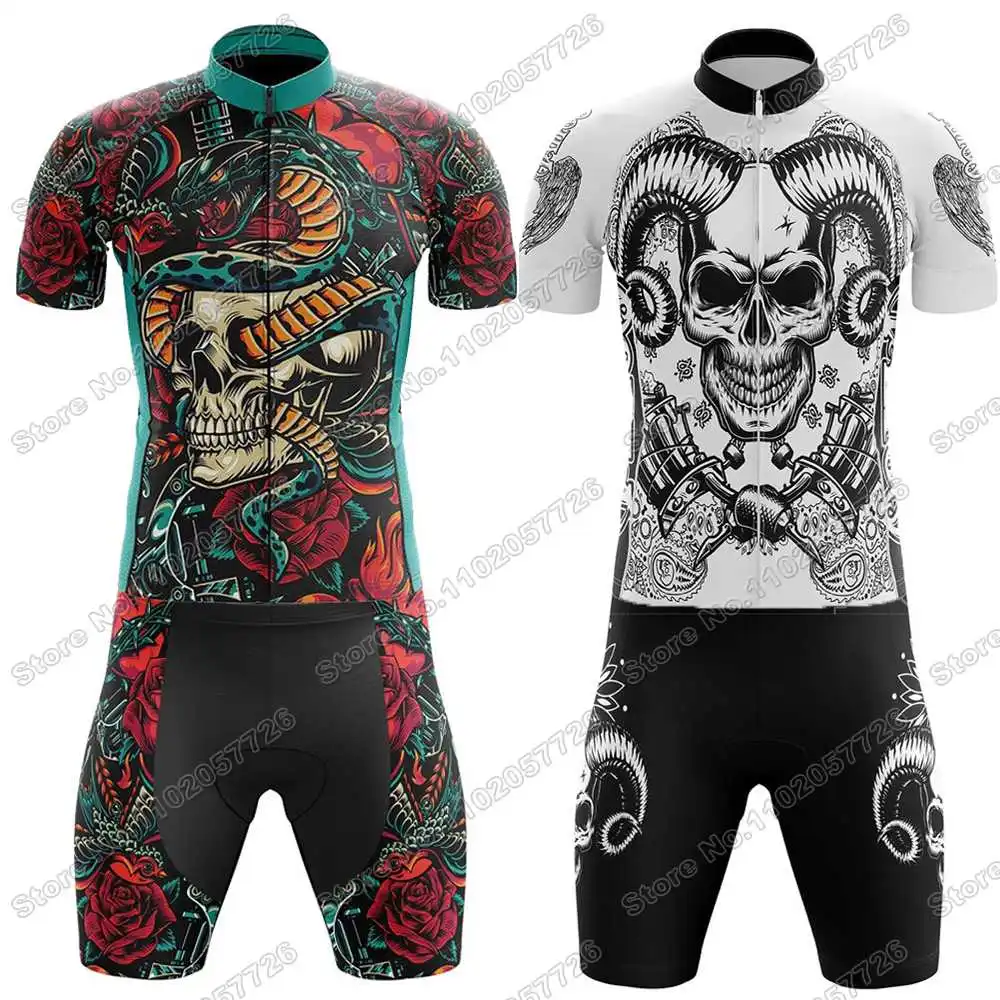 Patrón de tatuaje de calavera de demonio vintage maillot de ciclismo Ropa de ciclismo Verano Conjunto de jersey de ciclismo para hombre Traje de camisa de bicicleta de carretera BTT Culotte con tirantes de bicicleta