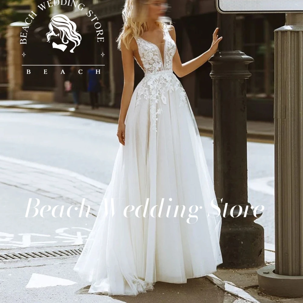 Strand Maßgeschneiderte Spitze V-ausschnitt Applique A-linie Tüll Ärmelloses Frauen Hochzeit Kleid Elegante Backless Brautkleid Robe De Soirée