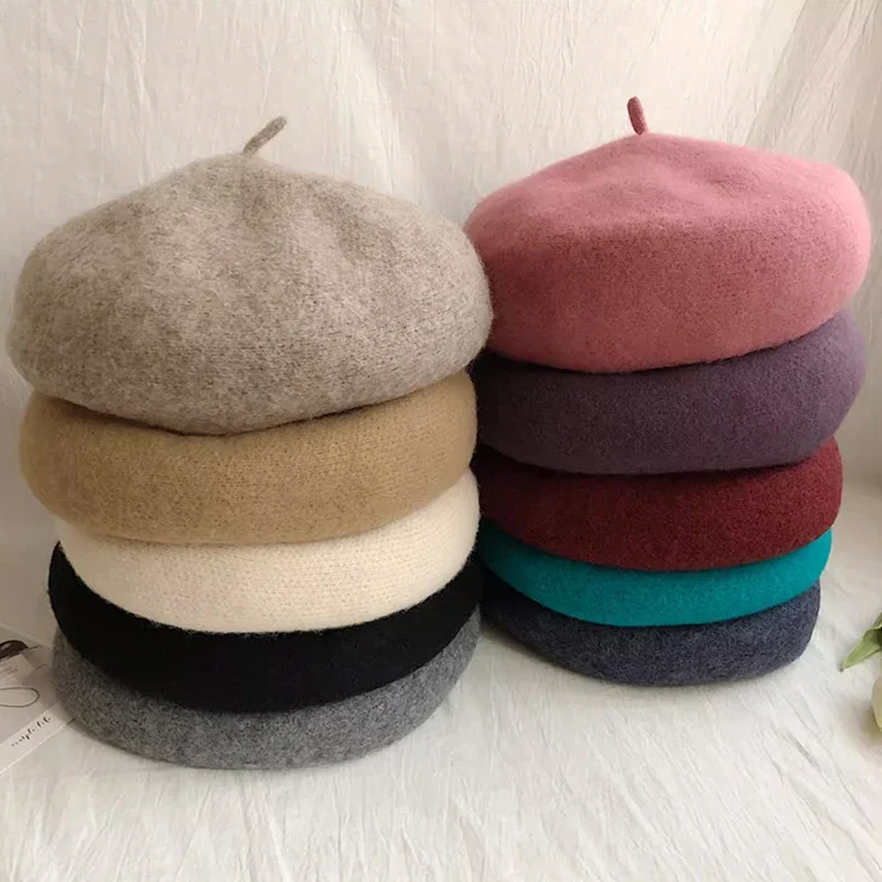 Elegant Wool Beret Hats Women Winter French Hat Girls Solid Trendy Spring Autumn Beret Hat for Women Warm Felt Street Berets