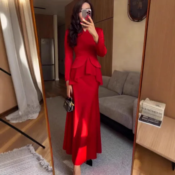 2025 Autumn New Temperament Long-sleeved High-waisted Thin Skirt Two-piece Set Europe and America