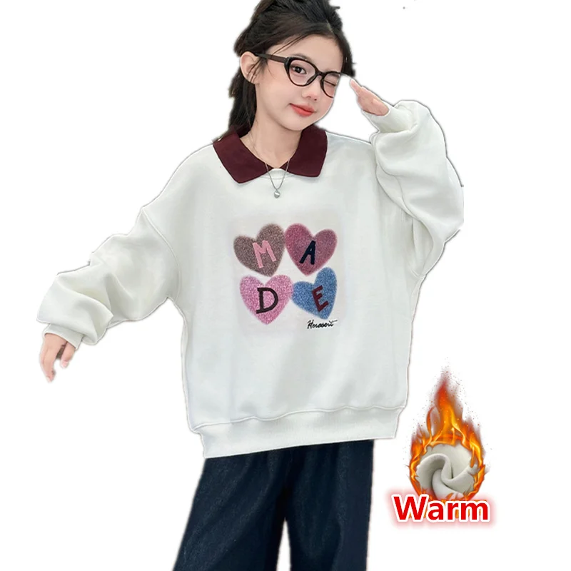 

Korean Children Thermal Sweatshirt for Girls Cotton Heart Pattern Insulated Tops Warm Winter Clothes for Teenagers 6 8 10 12 14Y