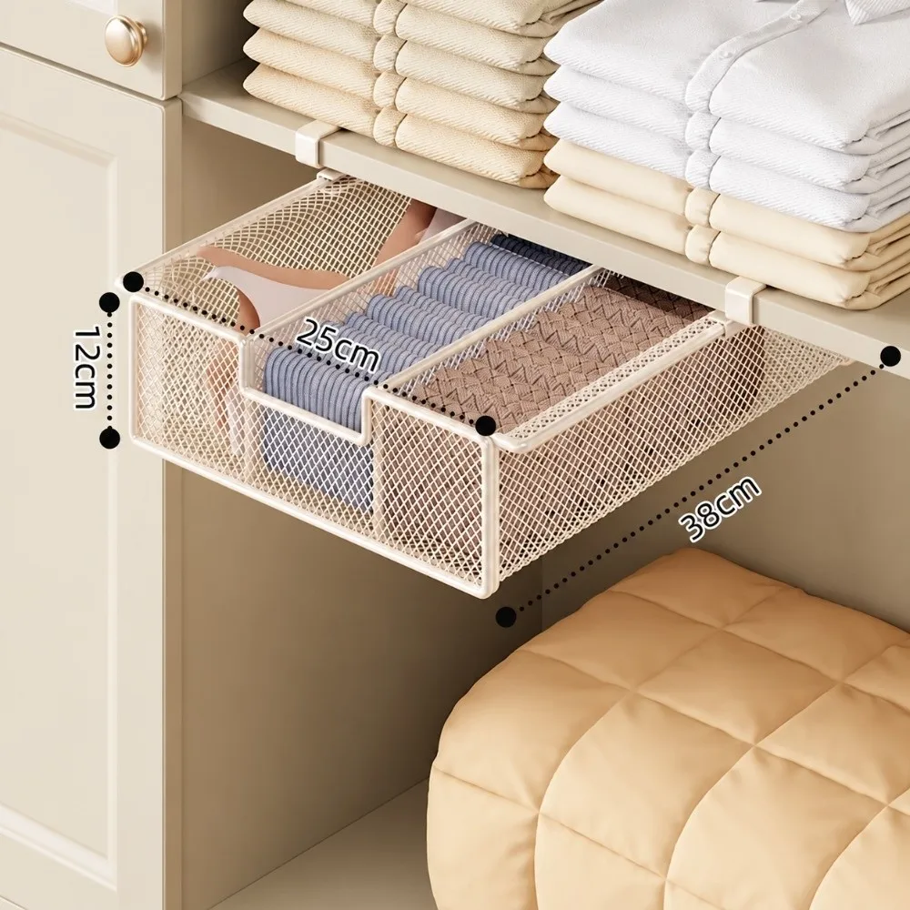 Divided Compartment Pull Out Drawer Basket Hanging Design Under Shelf Mount Divided Storage Basket Sliding Closet Storage Basket