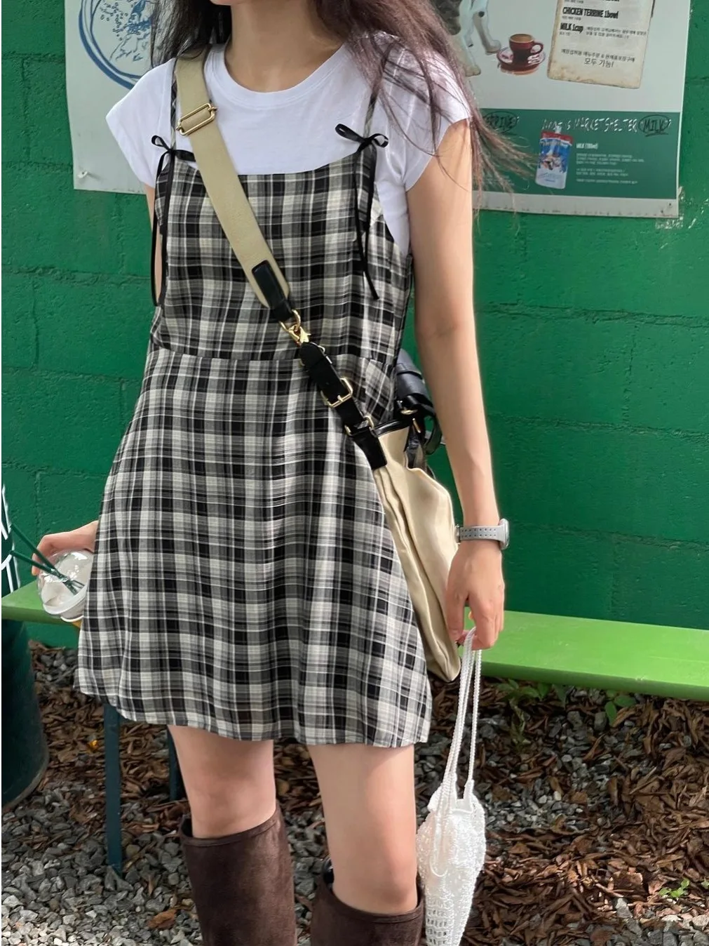 Chique verão vintage reduzindo a idade gola quadrada gravata borboleta cintura alta emagrecimento alça xadrez dr feminino dr doce sle