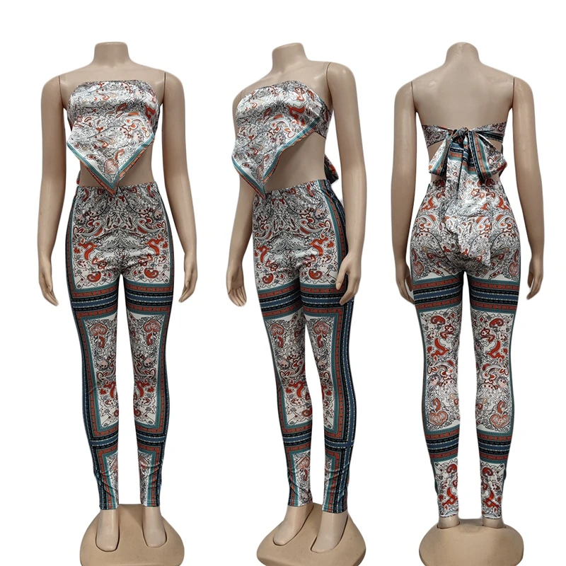 Elegante senhora impresso 2 peça outfits sem alças colheita superior e calças magras ternos 2025 verão sexy clube rua esportes agasalhos