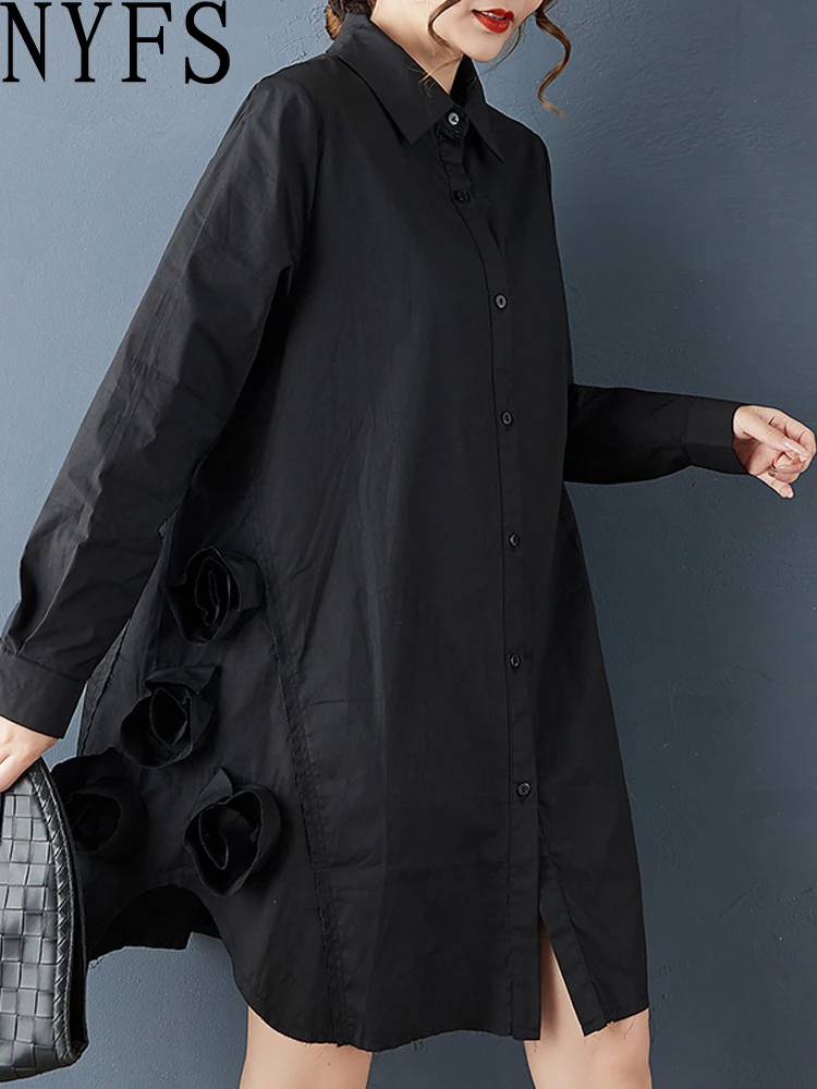 NYFS Loose plus Size Vintage Three-dimensional flowers Autumn Shirt Dress 2025 Long Sleeve Women's Robe