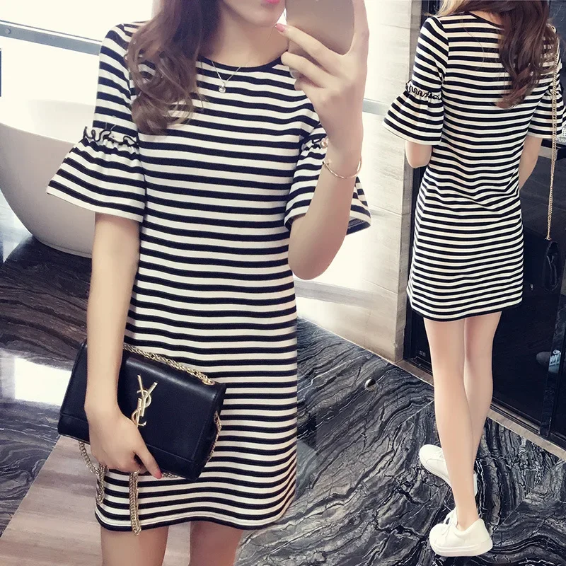 Summer New Dress Medium And Long T-shirt Women's Stripes Loose Korean Version Short Sleeves Large Size Clothes