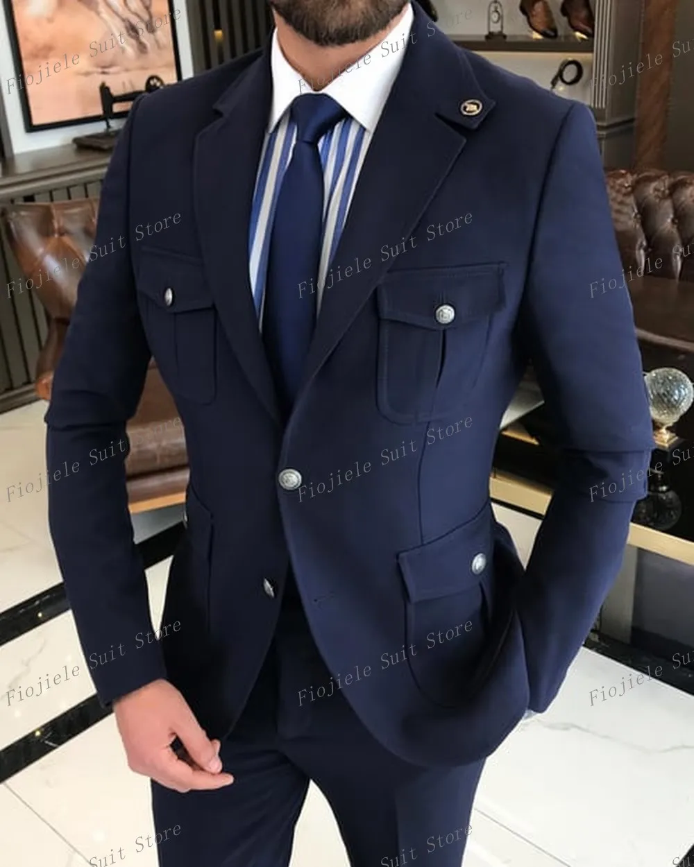 

Navy Blue Men Tuxedos Formal Business Suit Groom Groomsman Wedding Party Prom 2 Piece Set Jacket Pants