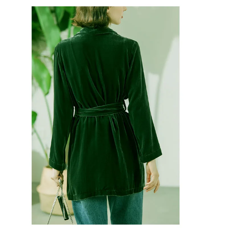 Fengbaoyu-Women's Velvet Shirt, Ladies Coat, Feminine Fashion, Dark Green, Retro, Medium-Length, Suit Collar Tops, Spring Autumn