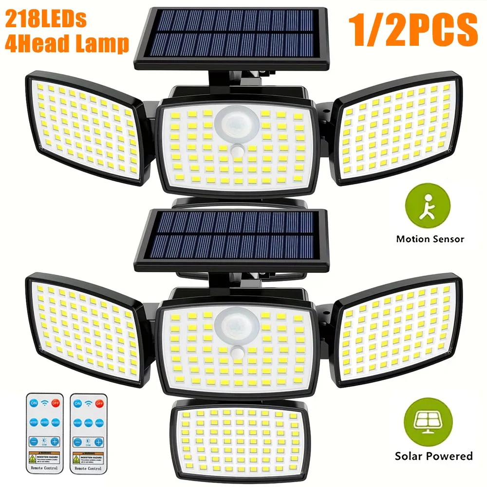 1/2-pack Solar Outdoor Lights with Motion Sensor, 218LEDs Solar Security Lamp with Remote, 3 Modes, IP65 Waterproof for Garden