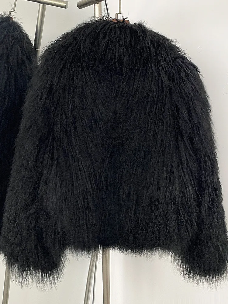 ZMEENNA Donkerbruin Krullend Lamswol Nepbontjas Voor Vrouwen Stijlvolle Shaggy Oversized Cropped Jas Gezellig Warm ZM4050