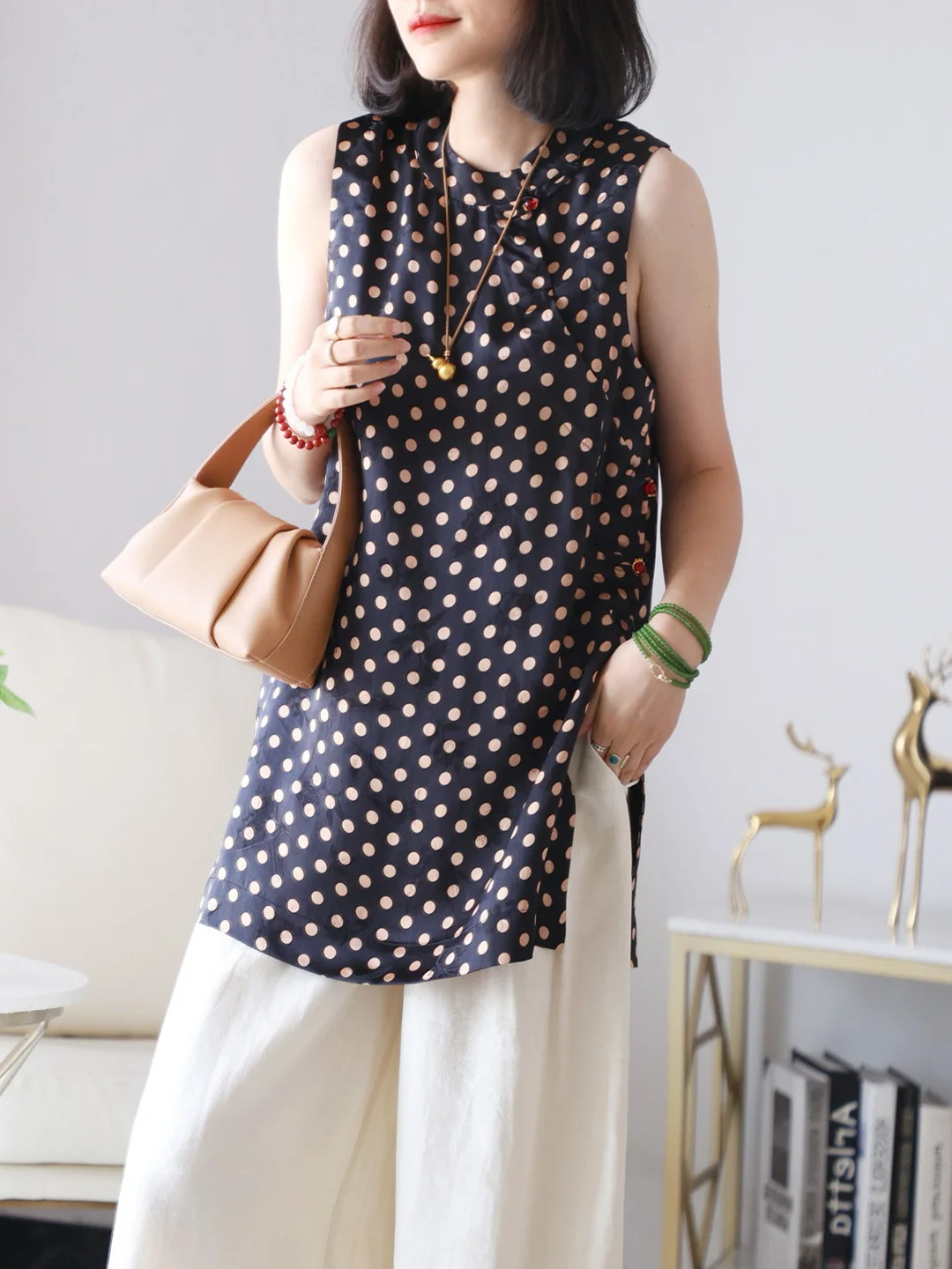 

Шикарный шелковый топ в горошек в стиле ретро, длинный жилет Qipao Sle, китайский новый модный коричневый топ из человеческого шелка в горошек