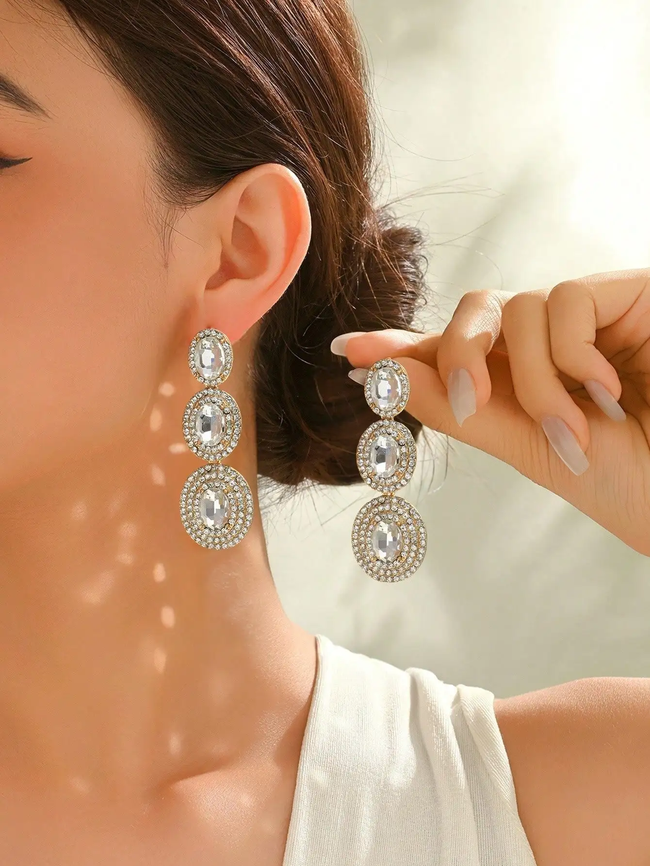 Pendientes largos con colgante de diamantes de agua para mujer, moda coreana, tres elípitos, textura exquisita, joyería para fiesta y boda, regalo para niña