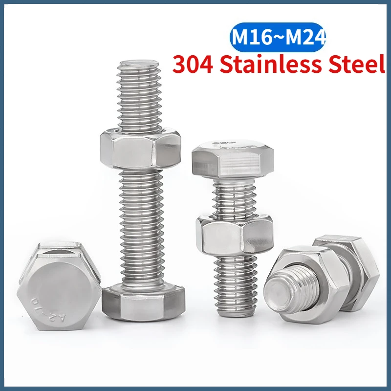 304 A2 Stainless Steel Full Threaded Hexagon Head Bolts Hex Screws and Hexagon Full Nuts Set M16 M18 M20 M22 M24