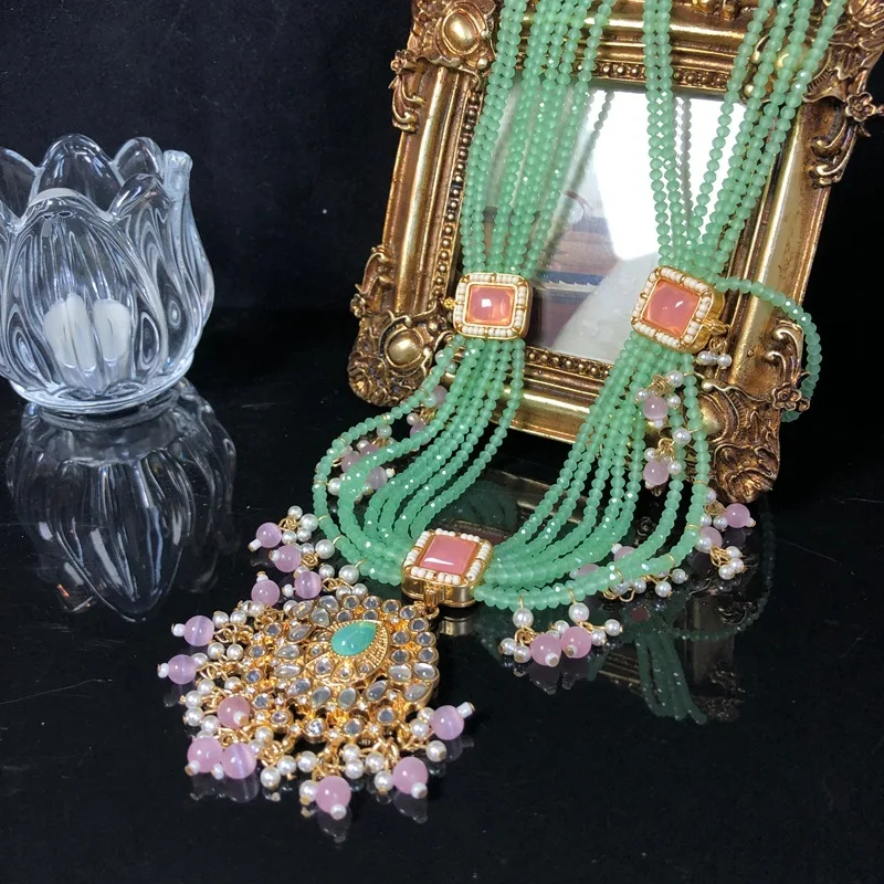 Bohemian  jewelry exquisite multi-layered bead short necklace matching stud earring ear clip
