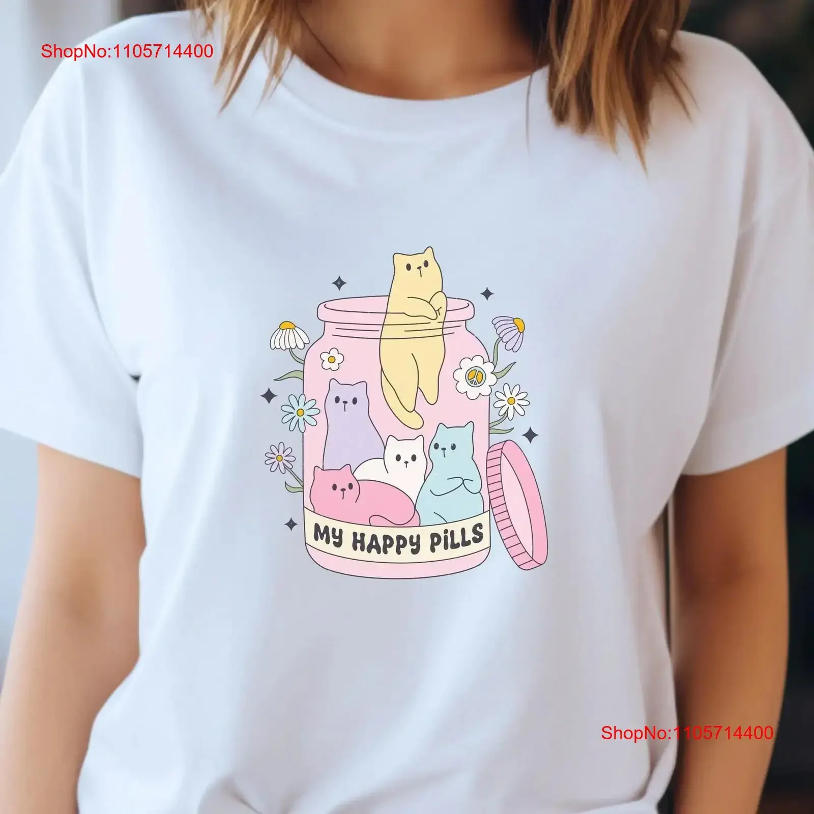Cute T Shirt Cat Lover Funny Medicine Bottle Top Happy Pills Animal Print Clothing Mental Health vintage Washed Stylish fashion