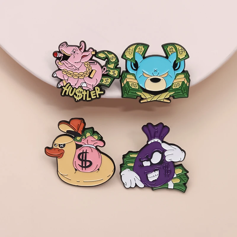 Cartoon Dollar Sign Enamel Pins Custom Fortune Pig Money Bag Brooches Lapel Badges Clothes Animal Jewelry Gift for Friends