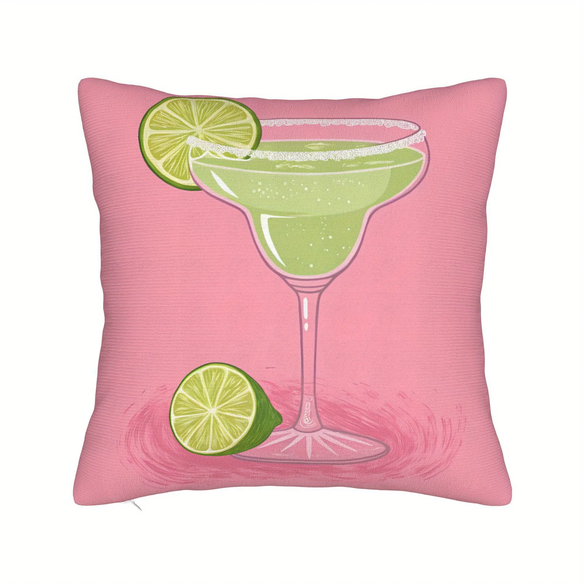 Cocktail-Inspired Pillow Cover 45x45cm Square Polyester Decor Cushion Case Zipper Washable – Pink Background with Citrus Motif
