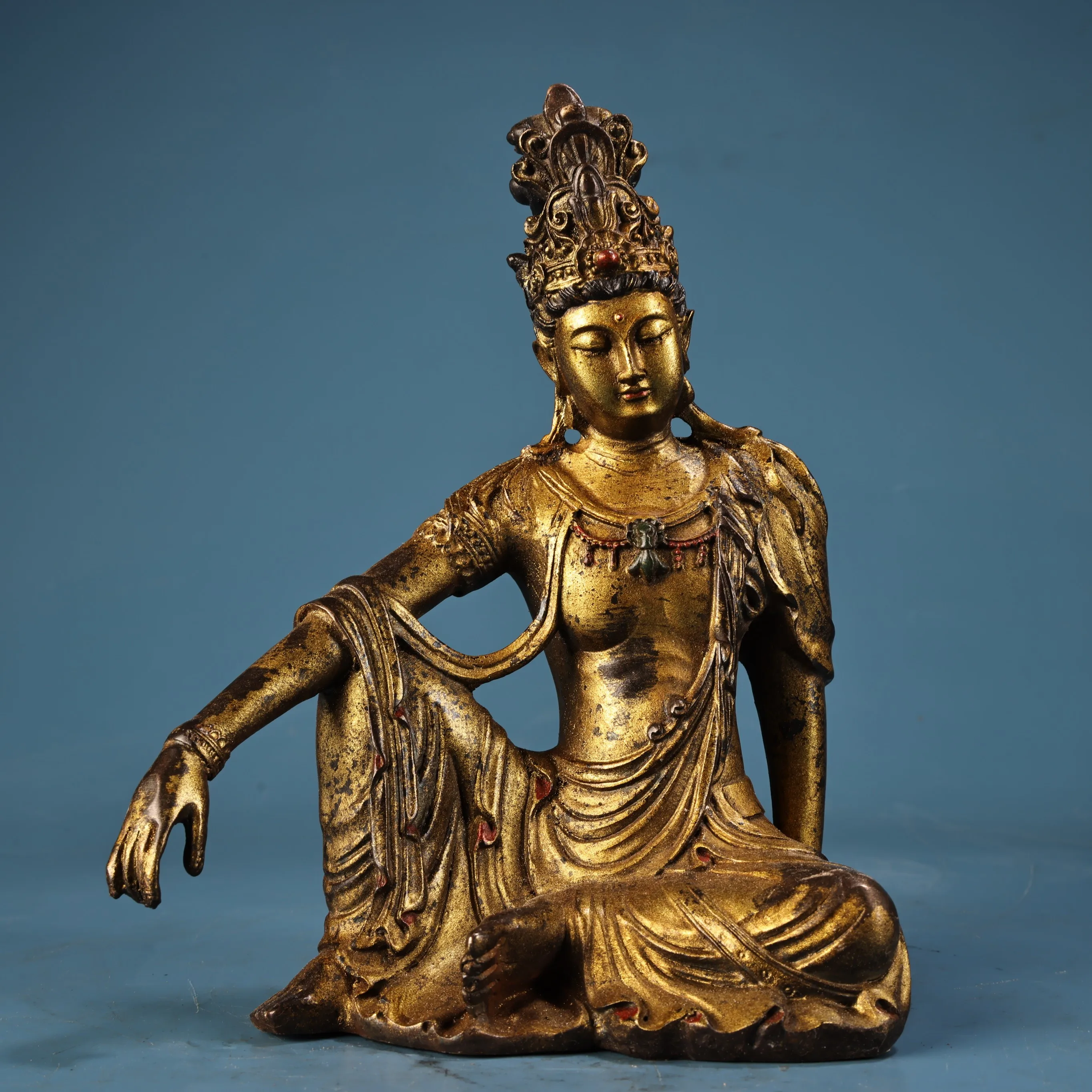 Statuette Vintage Guanyin en Bronze Doré, Effet Vieilli, pour Salle de Thé Zen et Collection