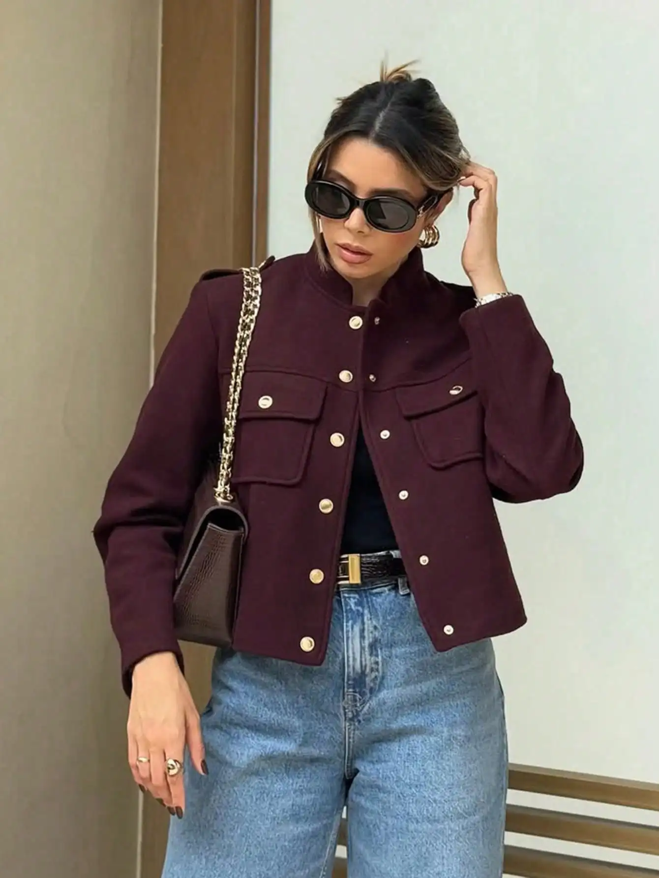 

Женская бордовая винтажная куртка-бомбер с карманами, однобортная, с длинным рукавом, повседневная офисная верхняя одежда